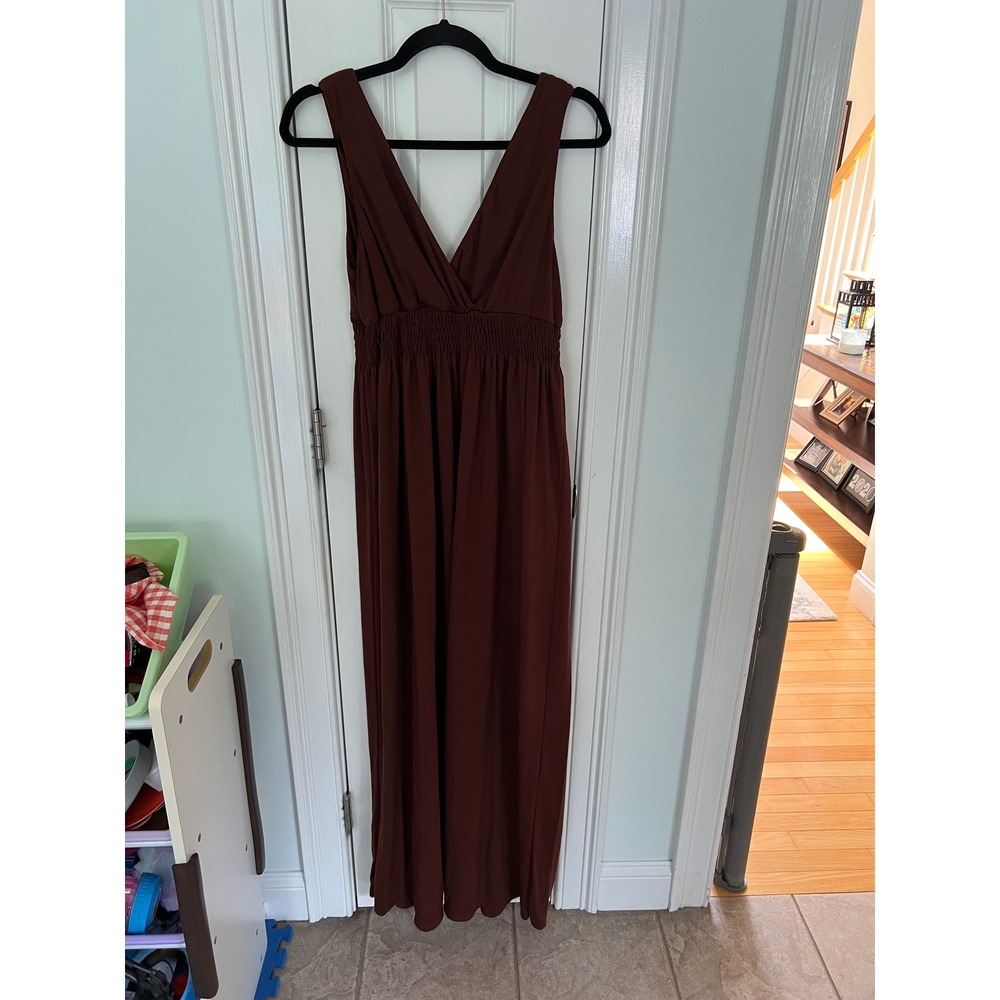 Freestyle Womens XL Brown V-Neck Smocked Waist Sleeveless Maxi Dress Boho Casual